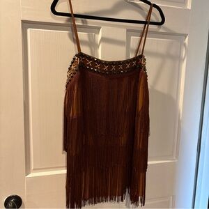 Boston Proper W Sz XL Western Flare Brown Top With Fringe Detail Bronze Accent